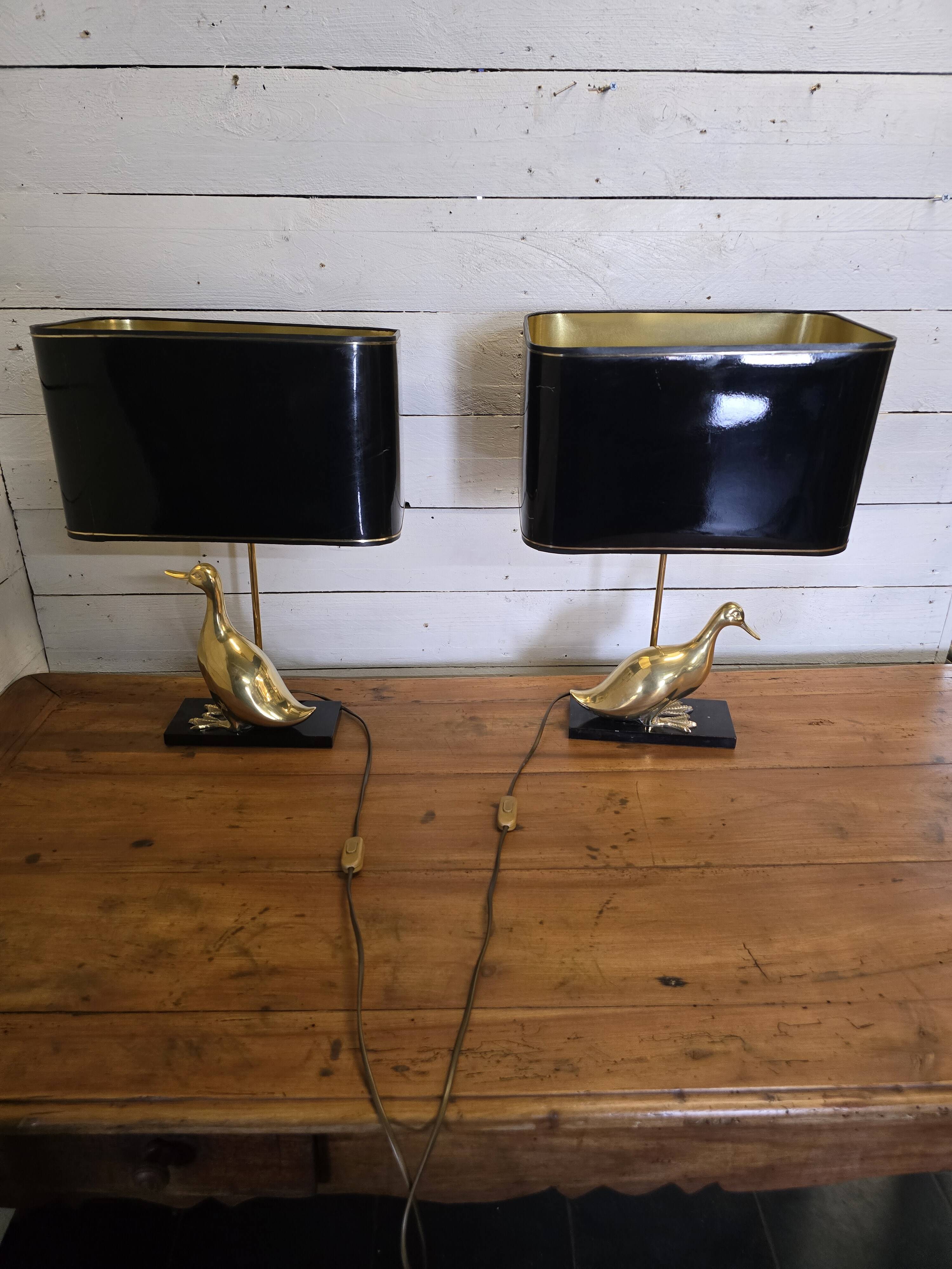 Pair of 70s table lamps featuring a brass duck