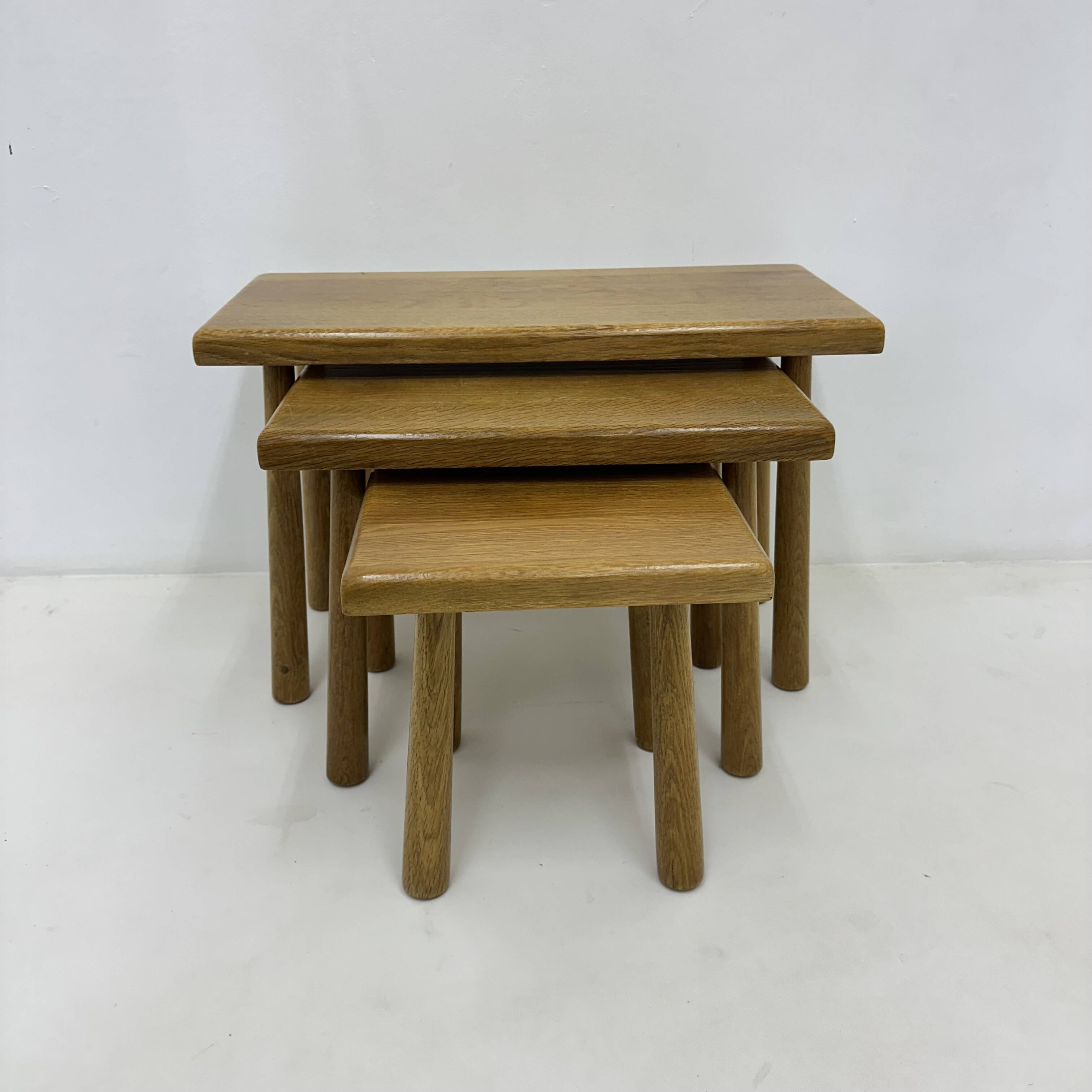 Set of nesting tables solid oak wood brutalist , 1970s