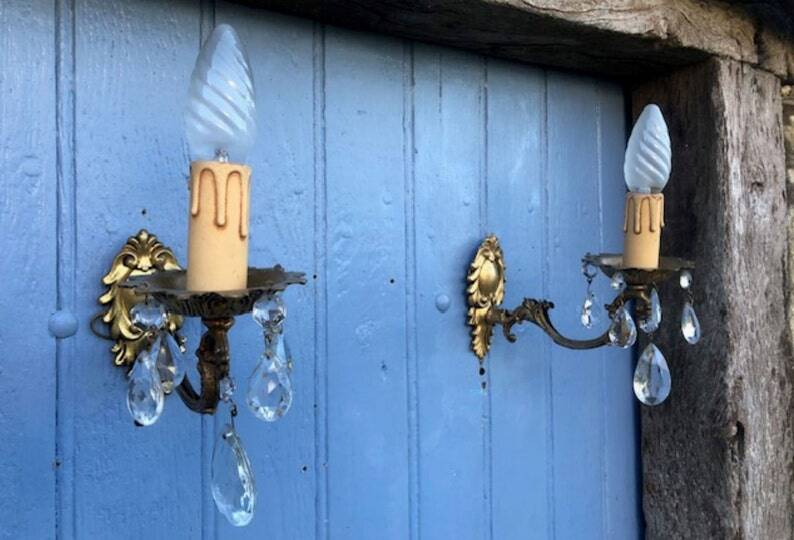 Vintage French Crystal Wall Sconces: Victorian Bronze & Brass Pair