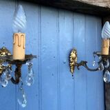 Vintage French Crystal Wall Sconces: Victorian Bronze & Brass Pair