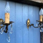 Vintage French Crystal Wall Sconces: Victorian Bronze & Brass Pair