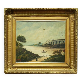 "Le pont de chemin de fer"painting, M. L. Daguerry 1888.