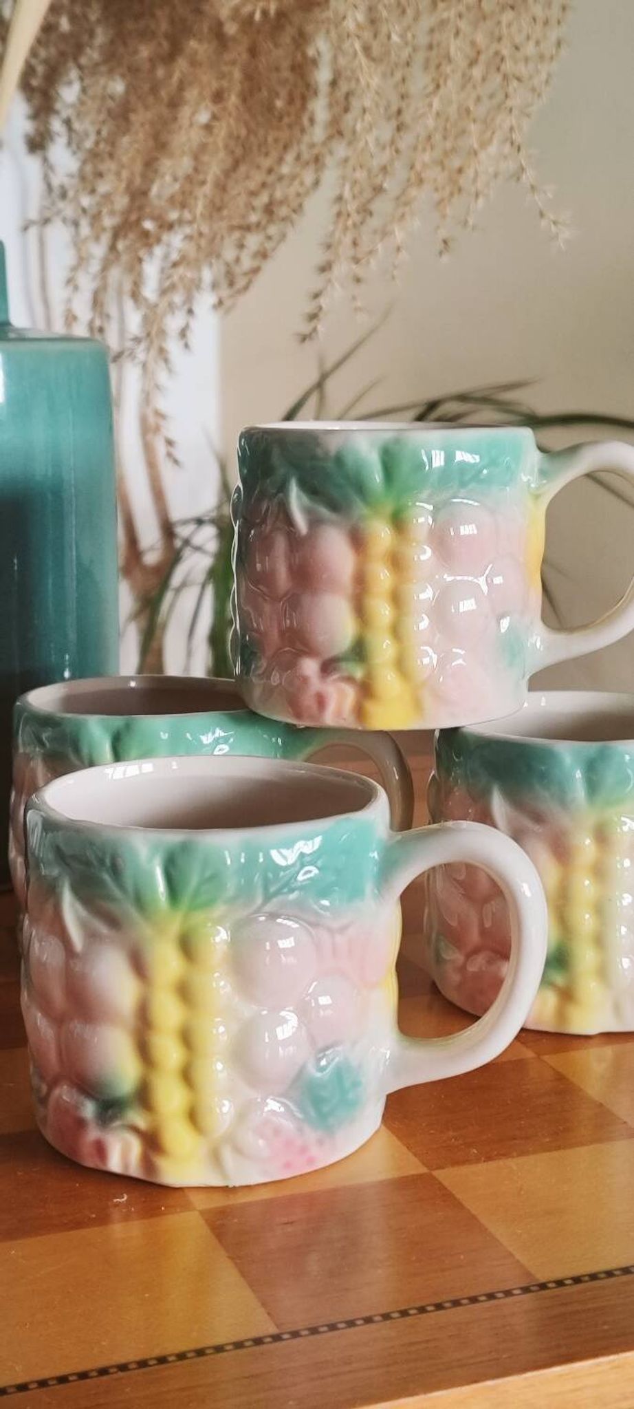 Set of 4 vintage multicoloured slipware coffee cups.