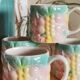 Set of 4 vintage multicoloured slipware coffee cups.