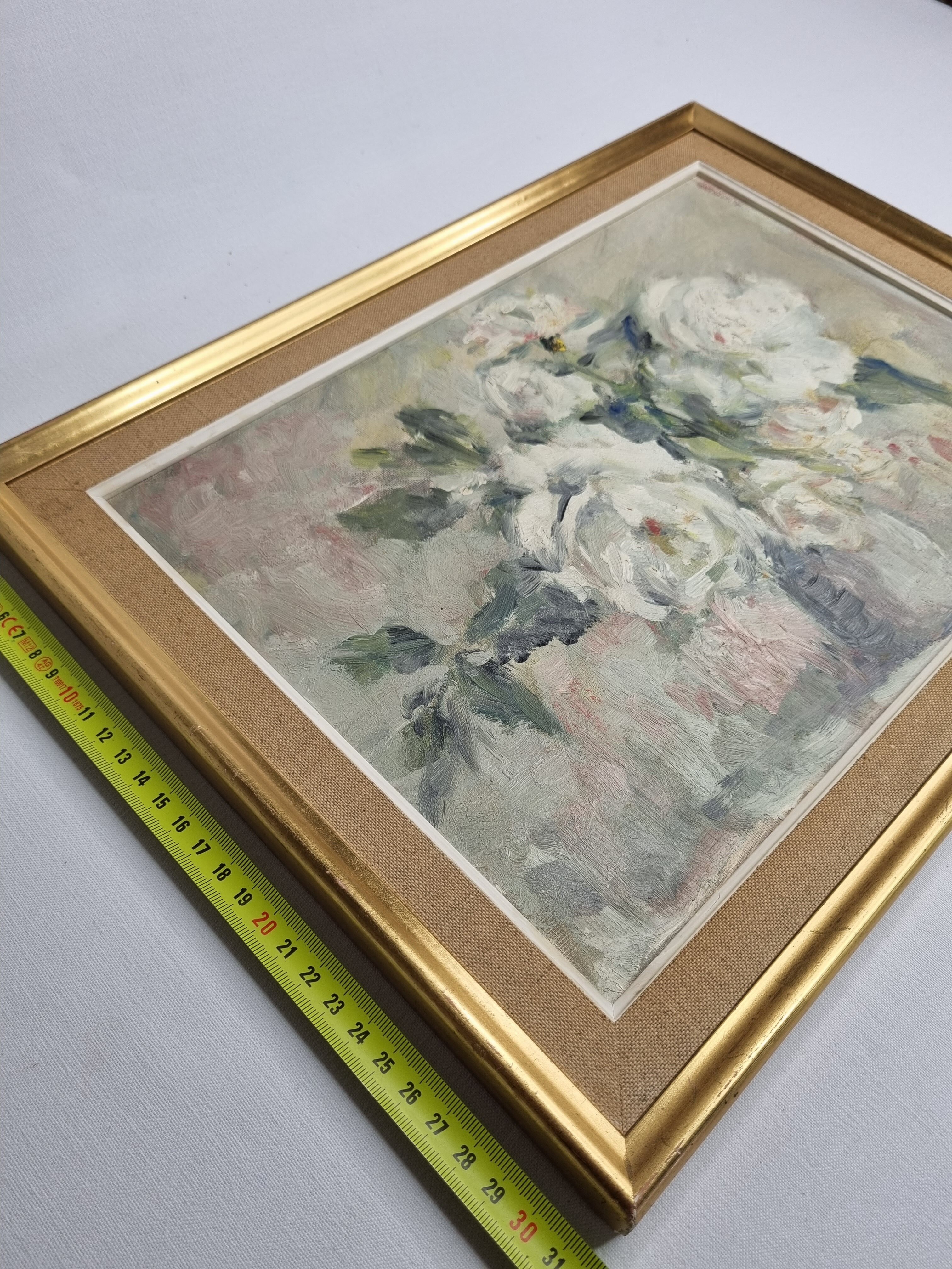 Floral composition, roses, oil on panel signed Line Roll.