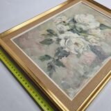 Floral composition, roses, oil on panel signed Line Roll.