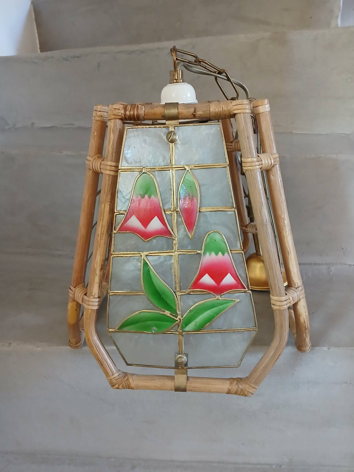 Suspension vintage rotin et nacre