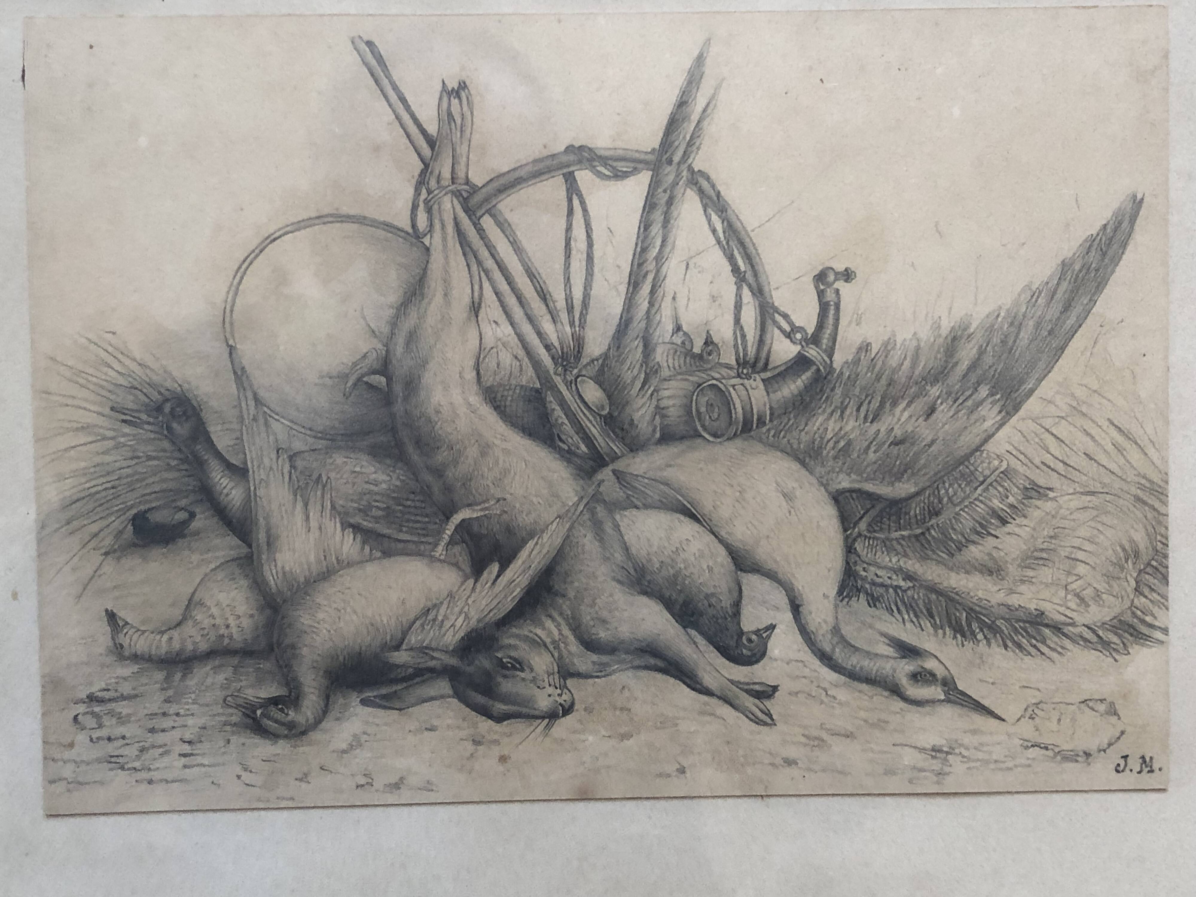 Drawing 1900 lead pencil still life hunting painting game trophy, signed jm, hunter