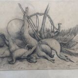 Drawing 1900 lead pencil still life hunting painting game trophy, signed jm, hunter