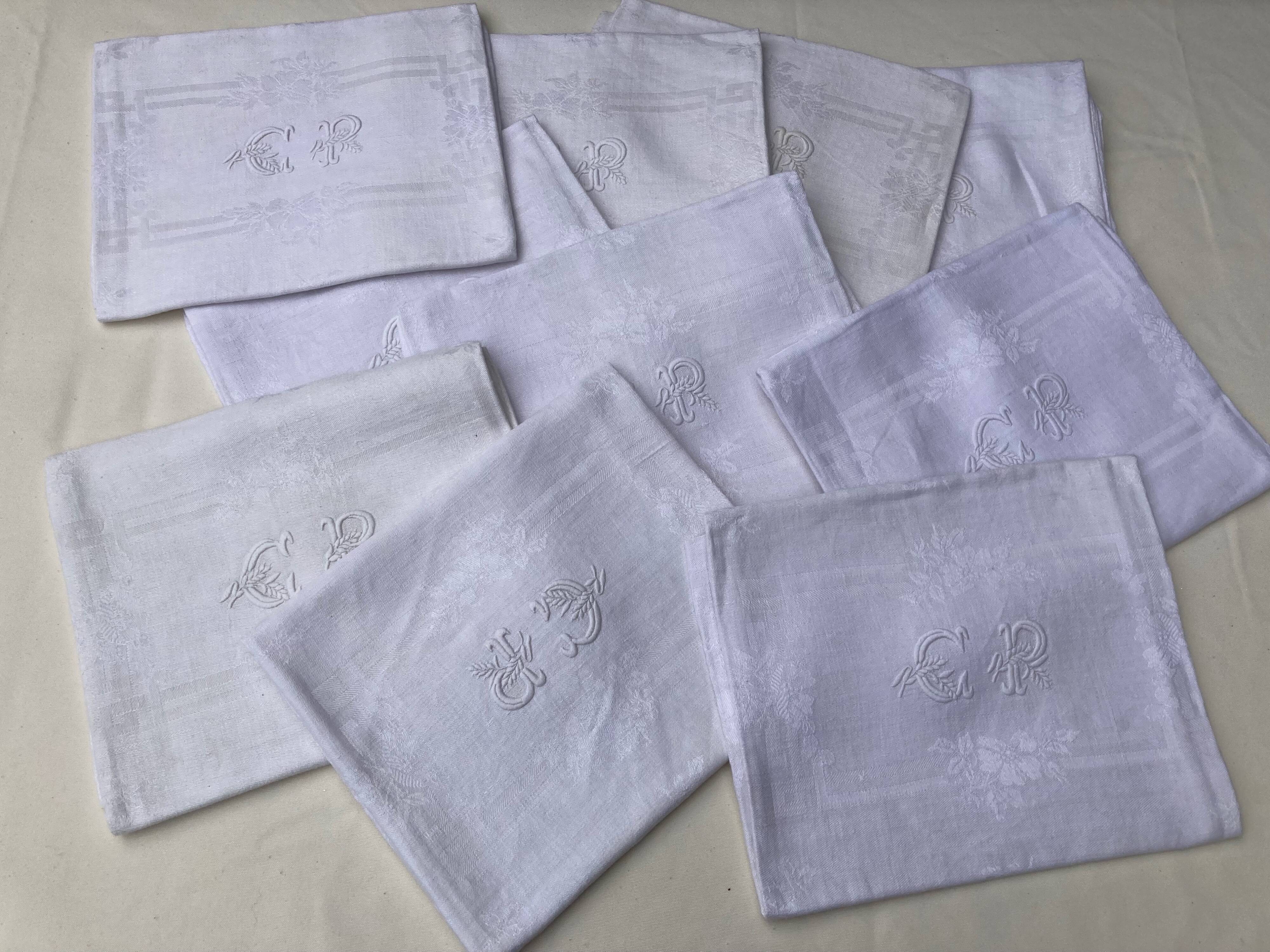 10 old damask and monogrammed napkins