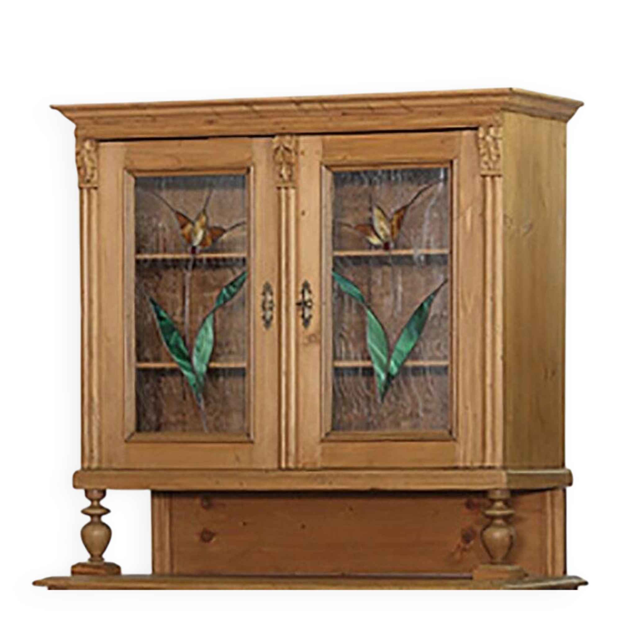 Brown pine kitchen cabinet with floral stained glass, 1920s vintage style.