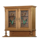 Brown pine kitchen cabinet with floral stained glass, 1920s vintage style.