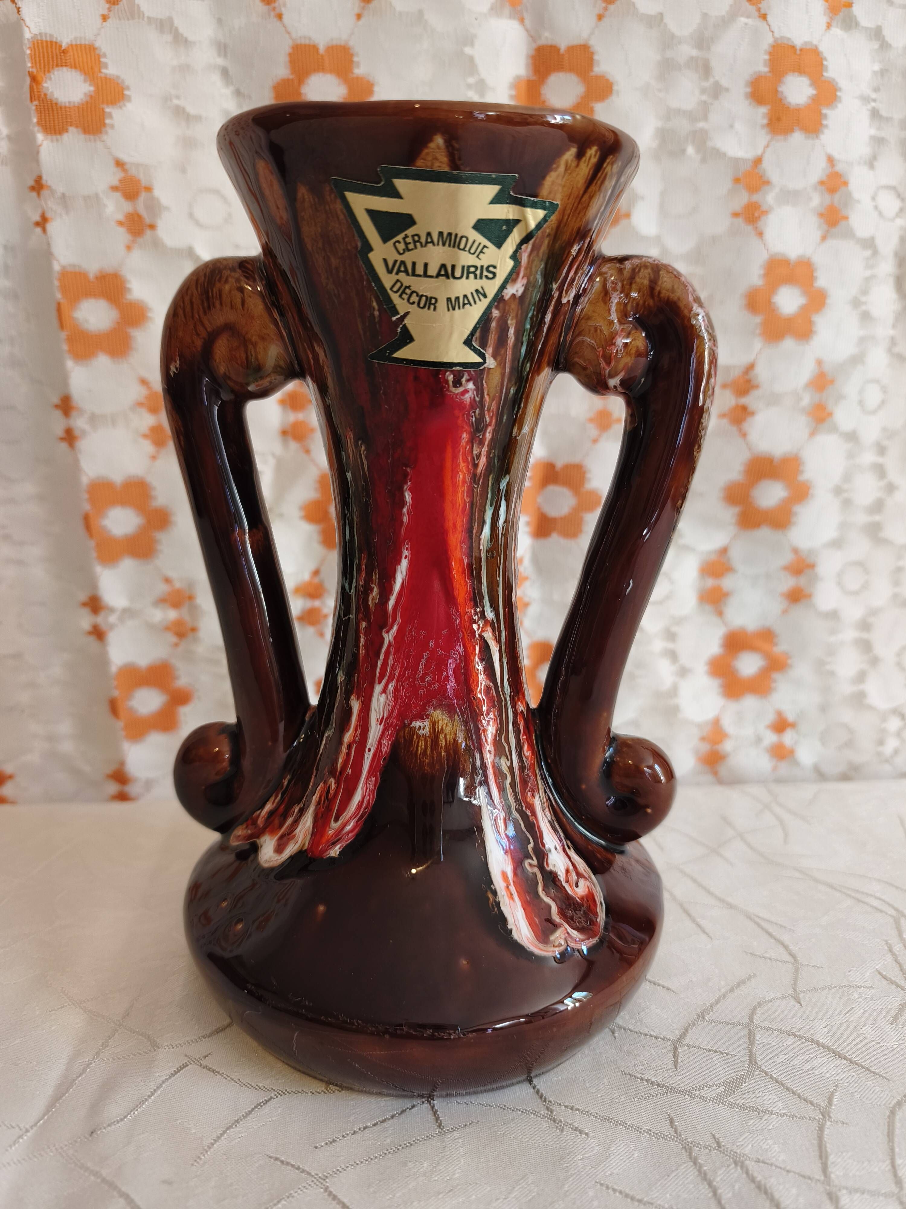 Vintage Vallauris Vase with Drip Glaze – Hand Decorated – 1950s/60s