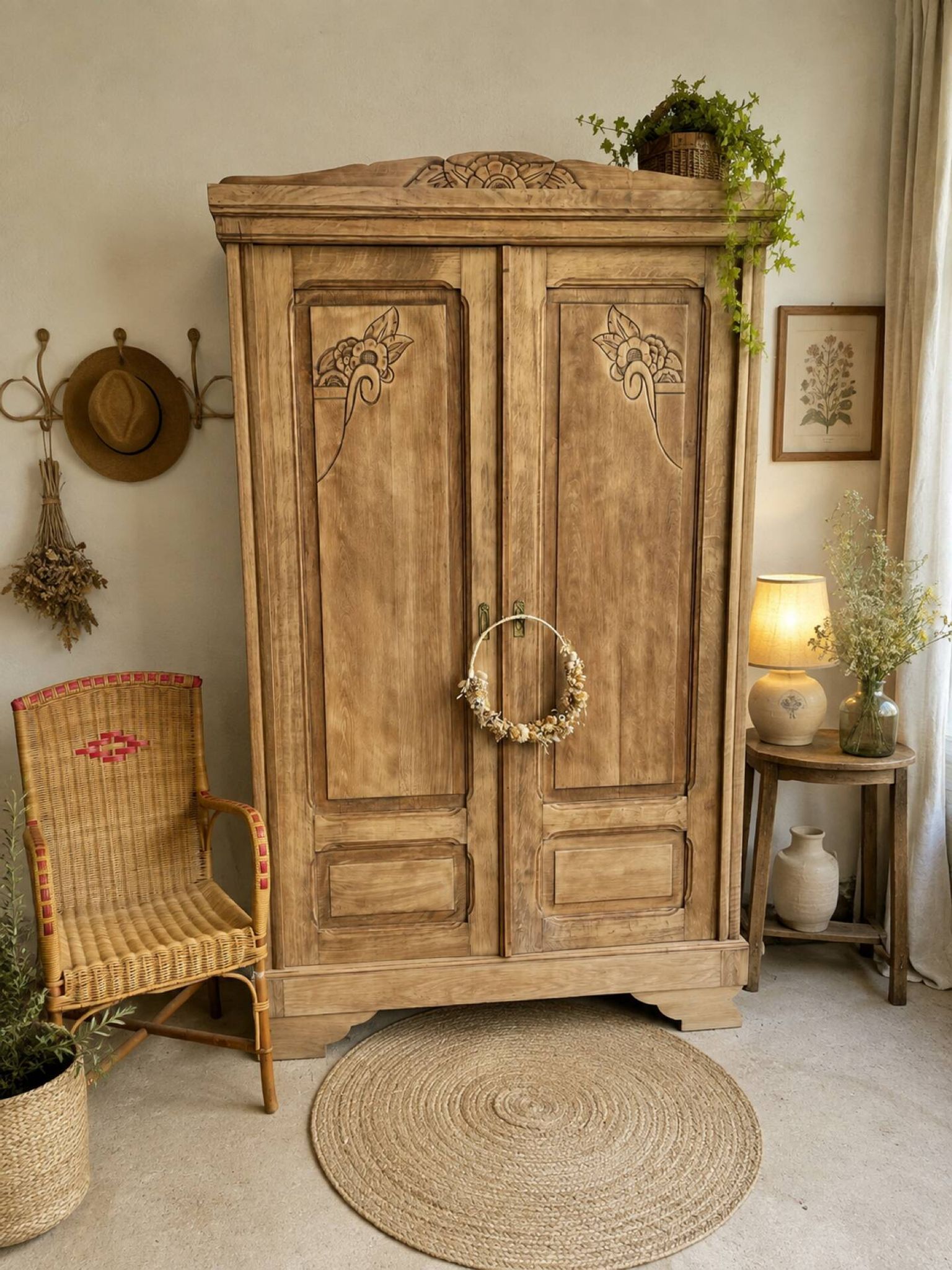 Art Deco wardrobe in raw oak wood