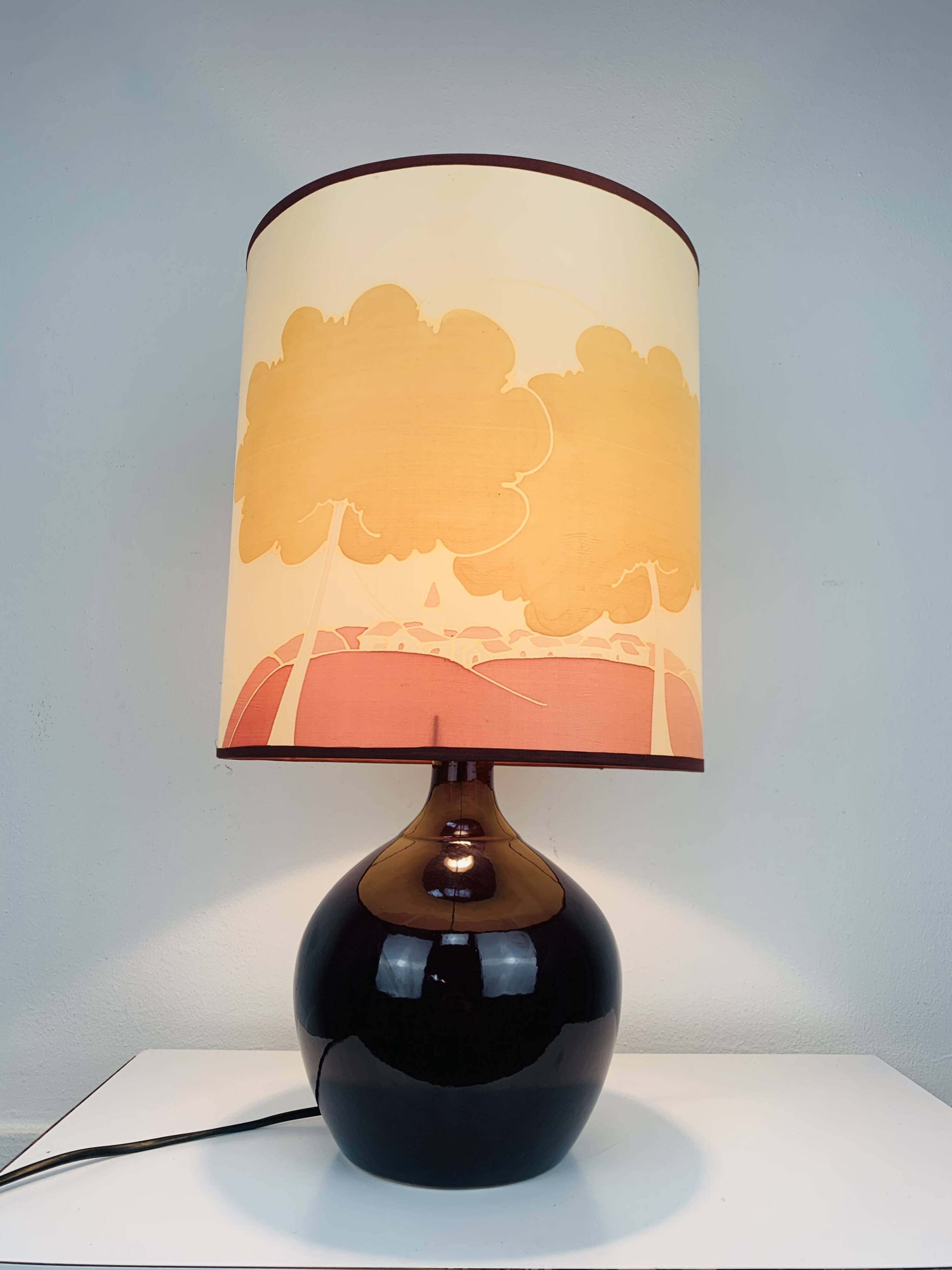 Purple ceramic ball lamp 55 cm from the 60s, silk lampshade
