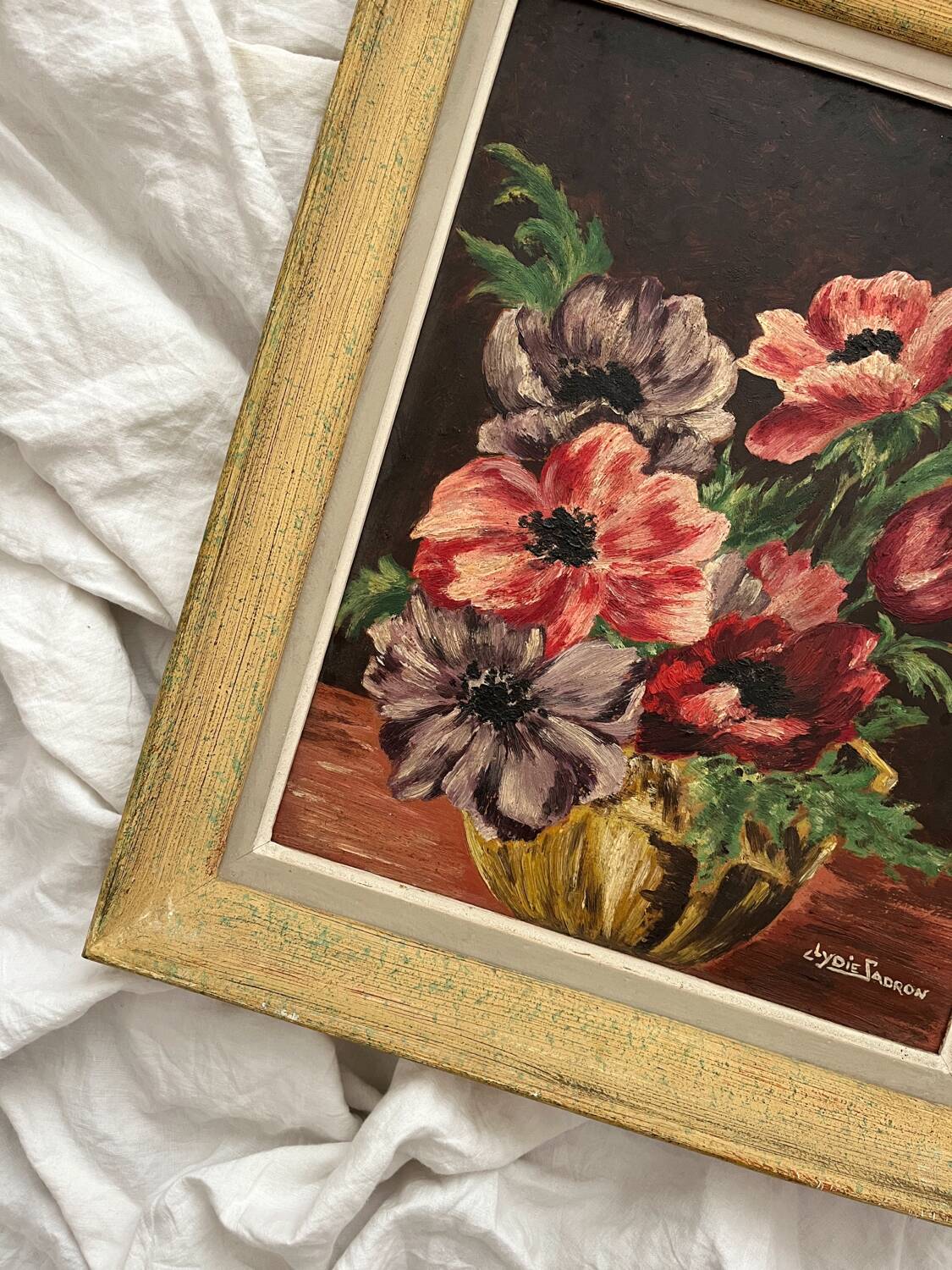 Antique painting, oil on cardboard, bouquet of anemones, signed