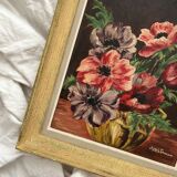 Tableau ancien peinture huile sur carton bouquet de fleurs anémones signée