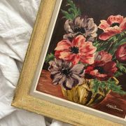 Antique painting, oil on cardboard, bouquet of anemones, signed