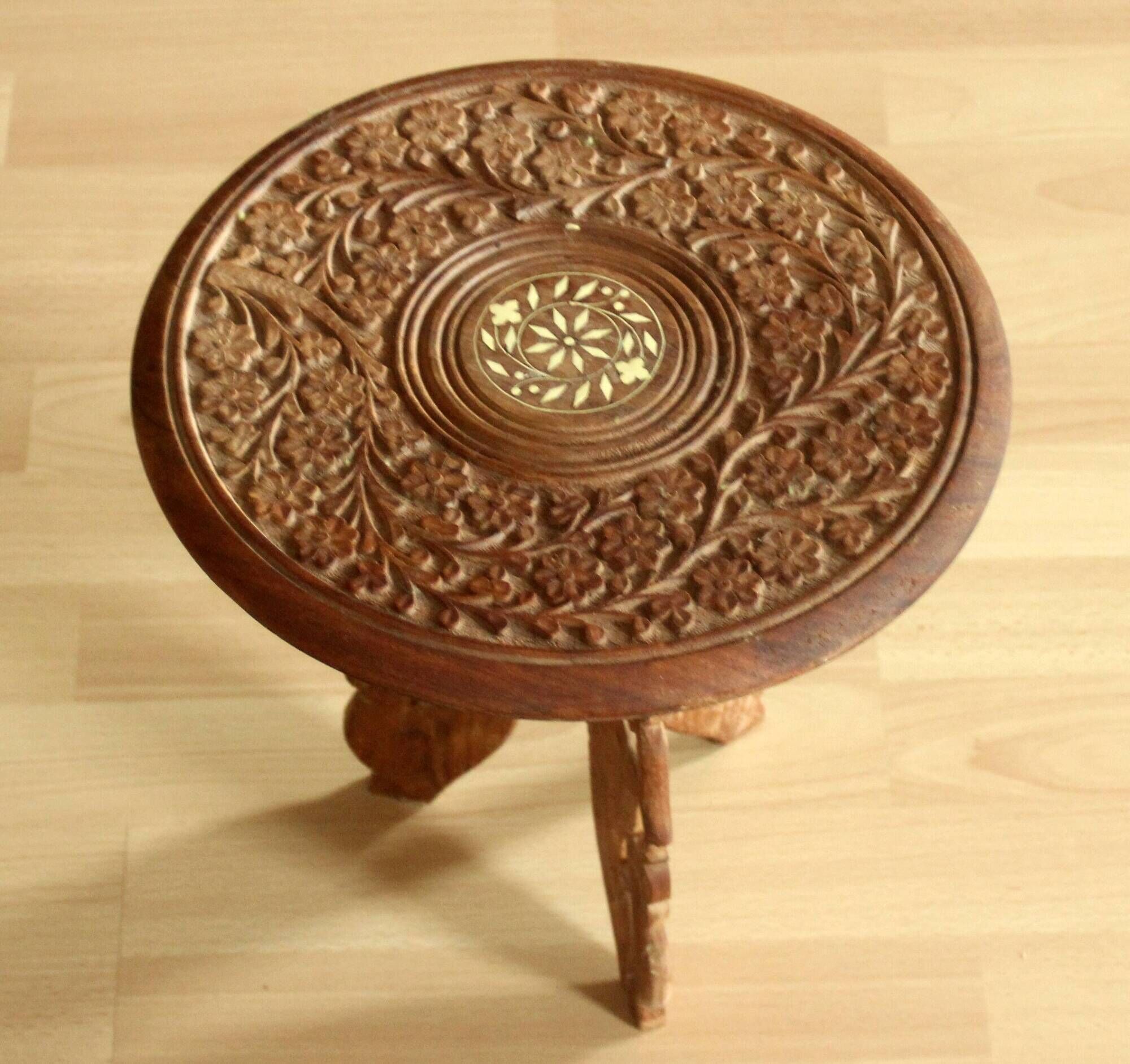 Handmade hand carved wooden plant stand, vintage from the 1970s