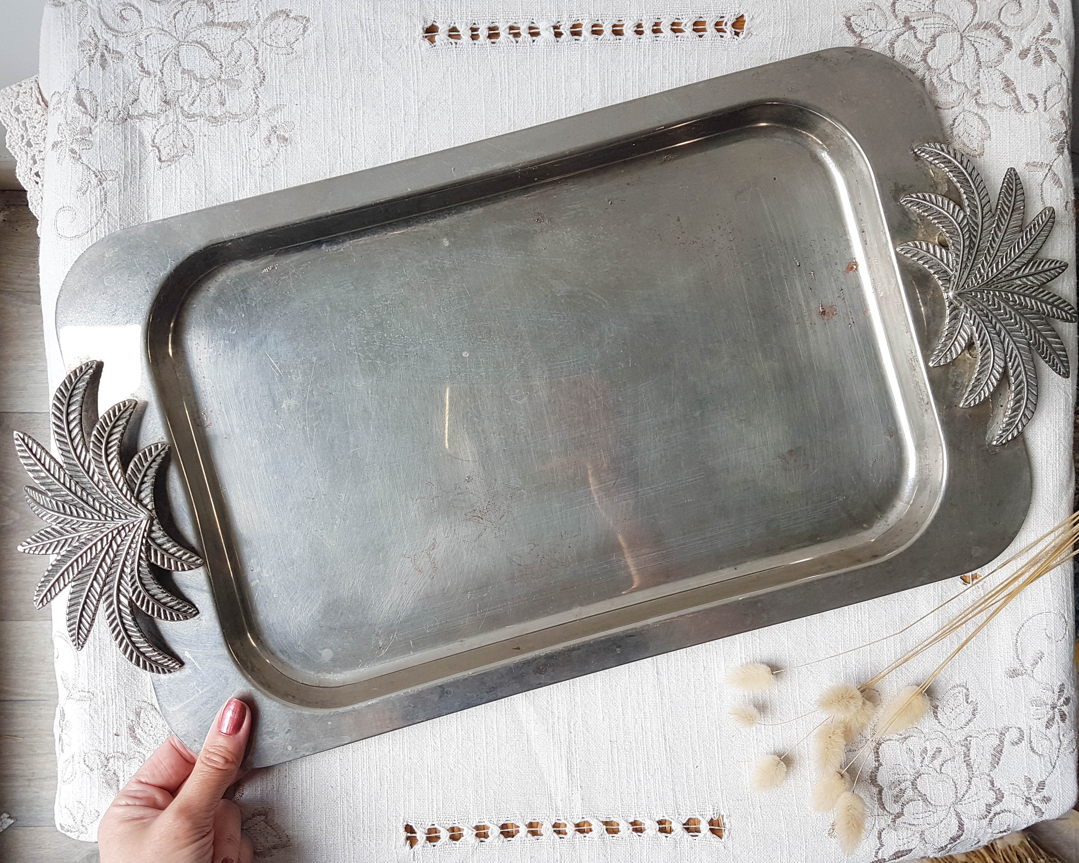 Vintage tray in silver stainless steel and palm tree