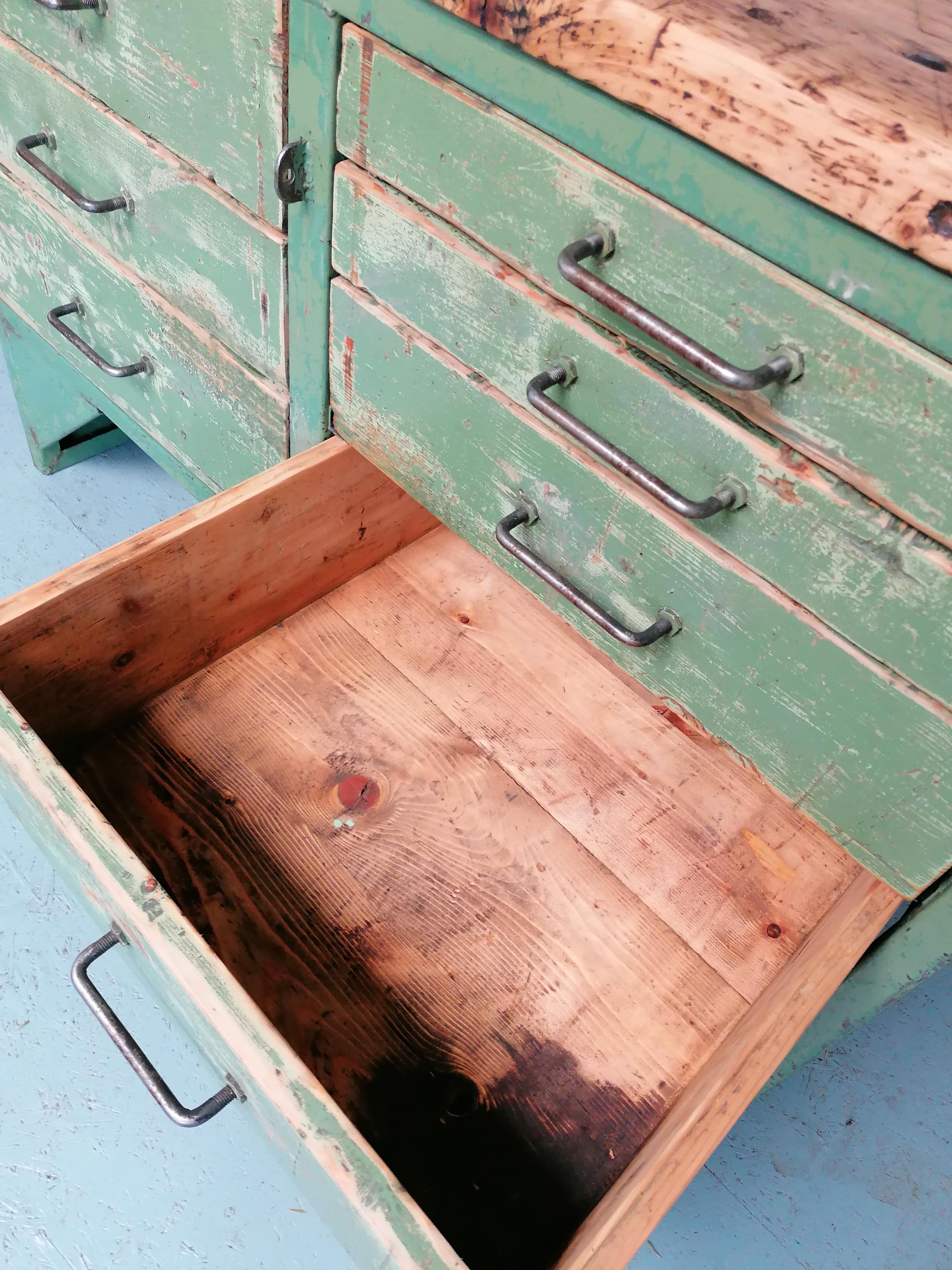 Old wooden garage workbench, industrial vintage.