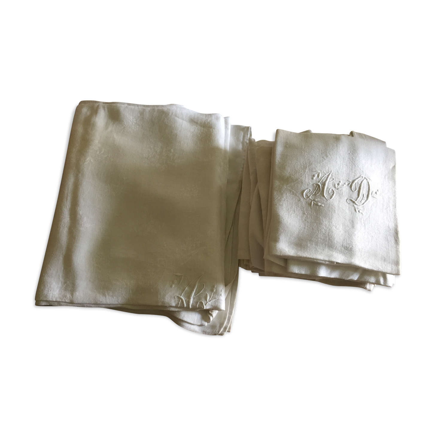 Old table set 12 napkins and tablecloth monogrammed AD