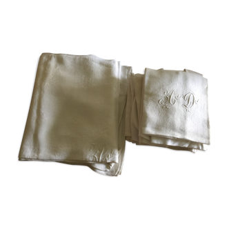 Old table set 12 napkins and tablecloth monogrammed AD