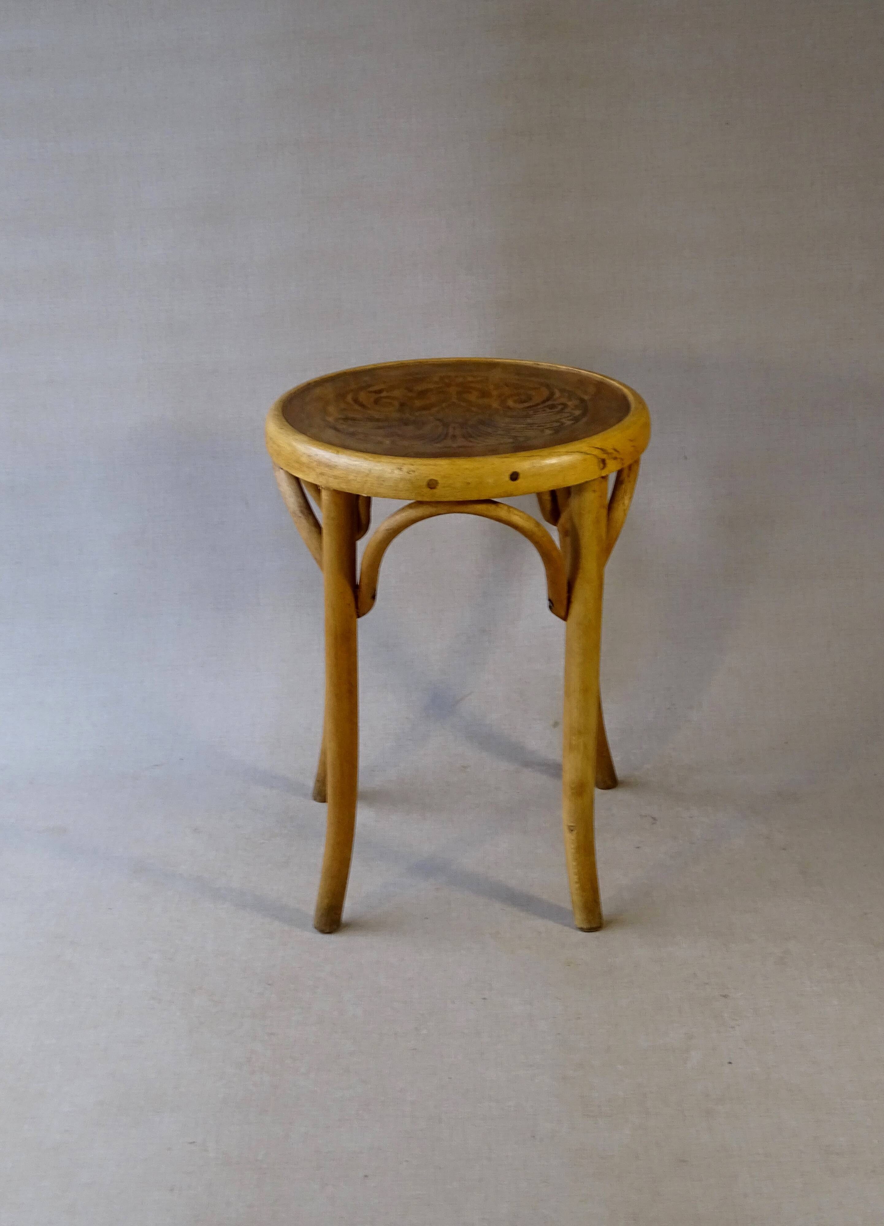 Bistro stool, wooden seat 1930 Fischel France