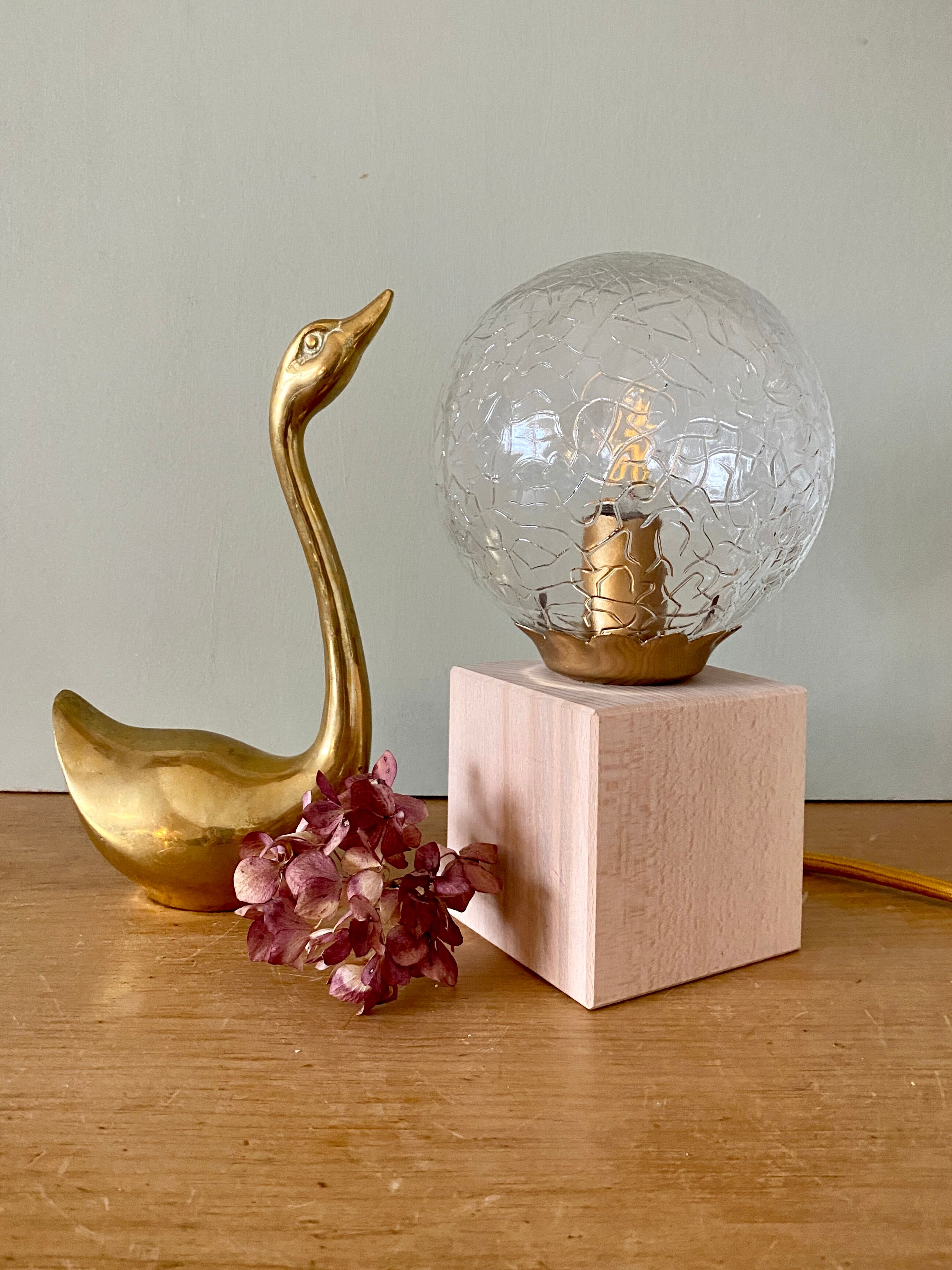 Vintage glass globe table lamp and wooden foot