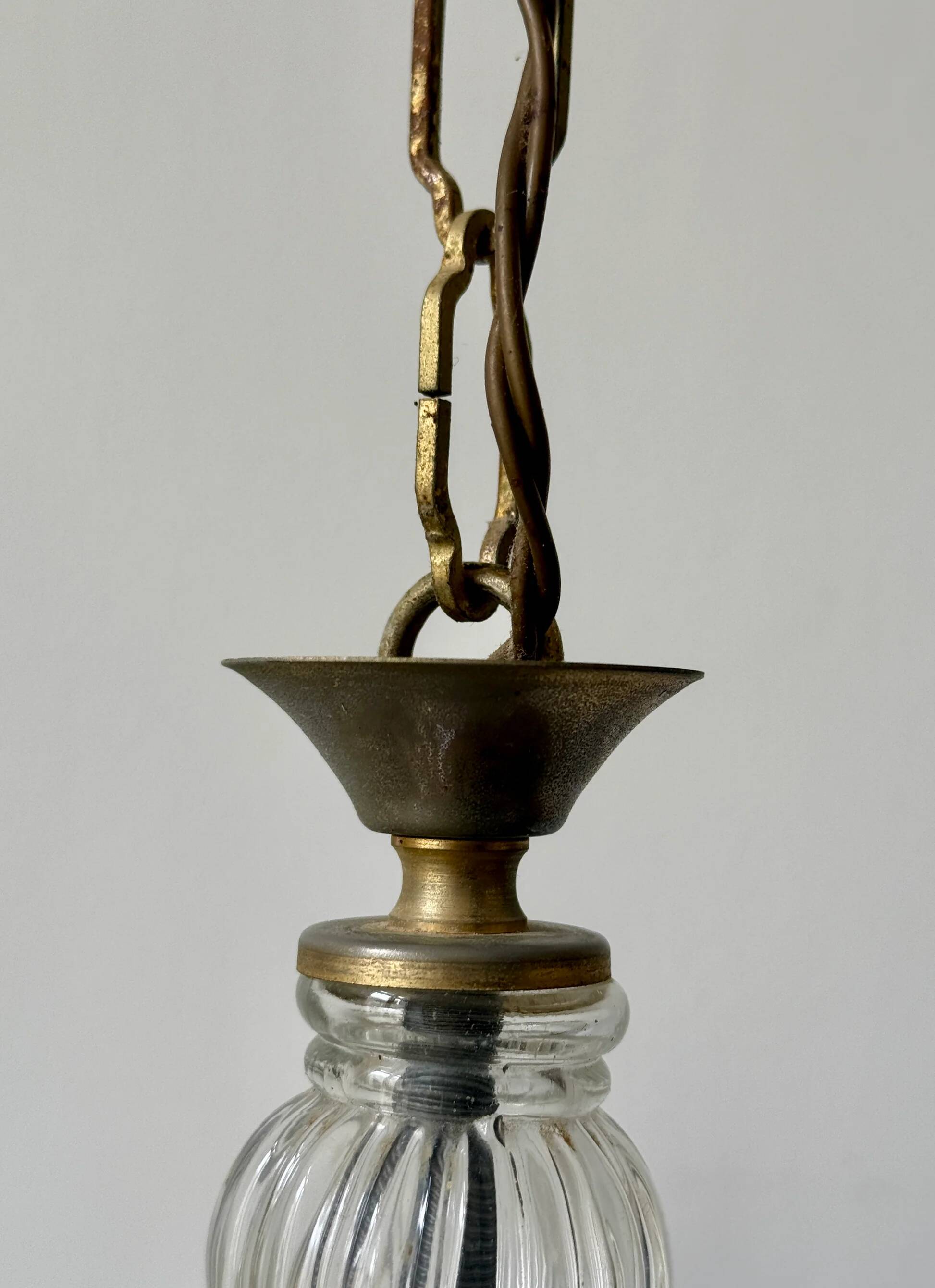 Vintage brass and glass three-branch chandelier