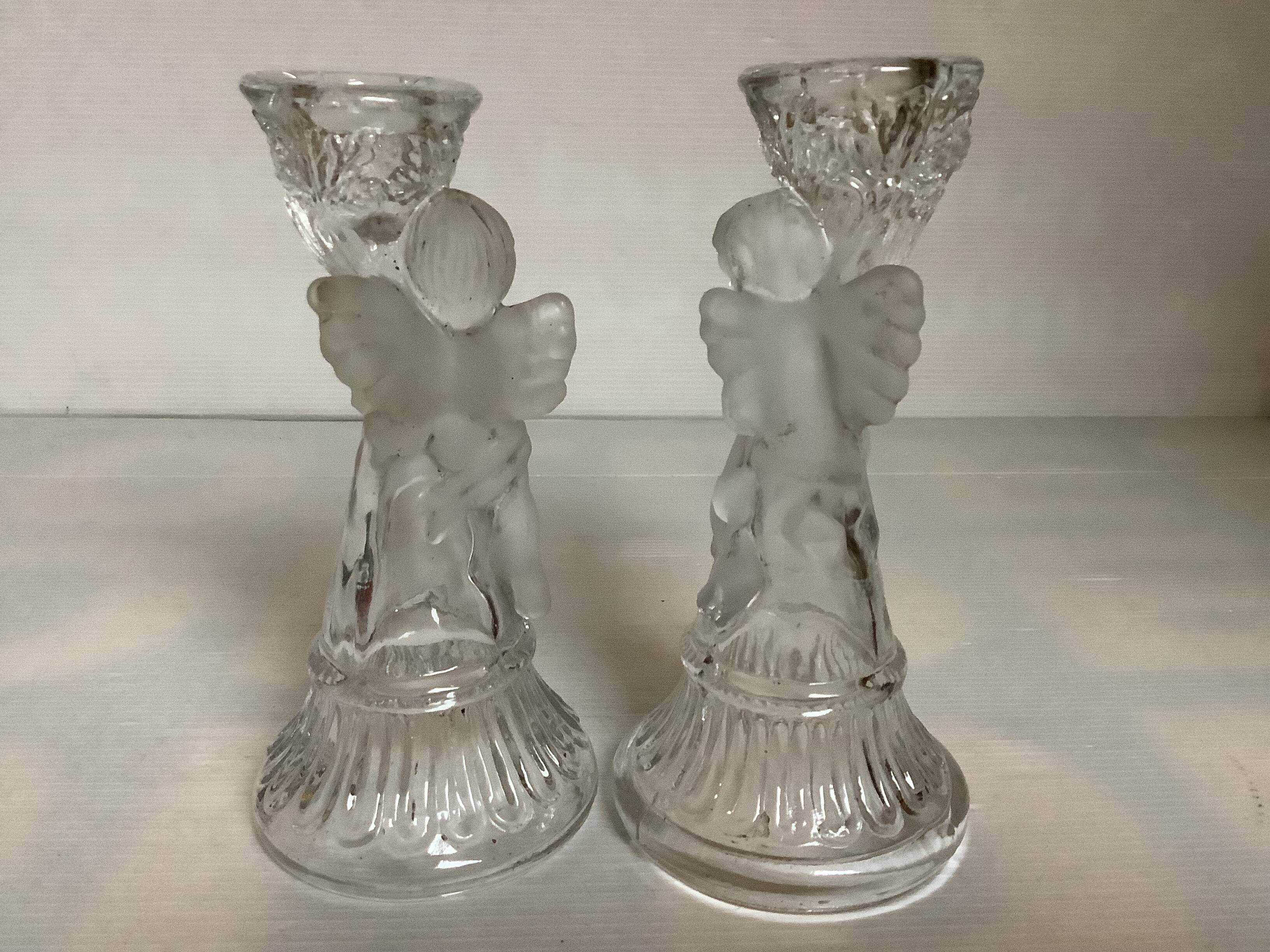 Trio of frosted molded glass angel candle holders
