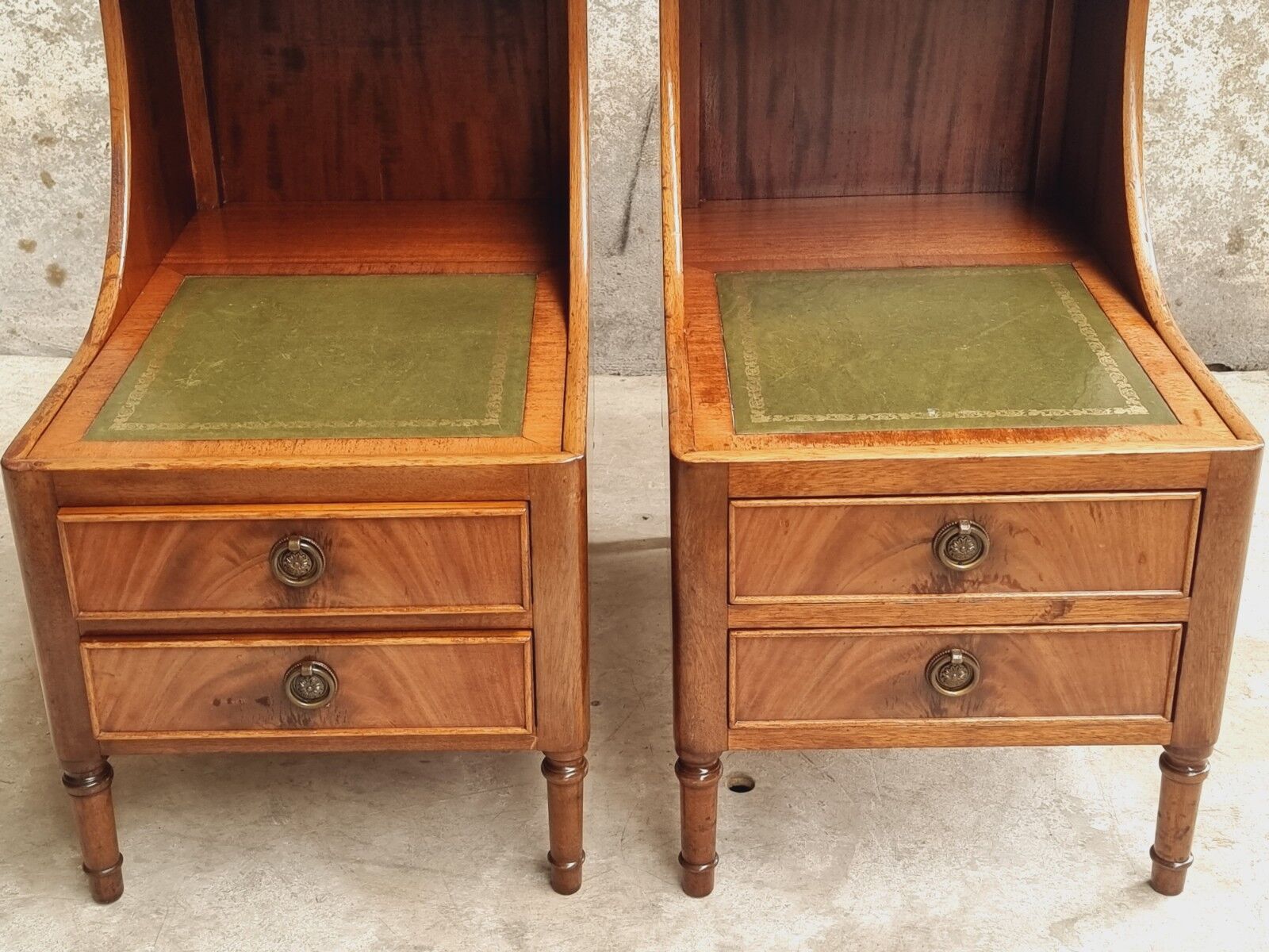 Set of mid century bedside tables with inlaid leather