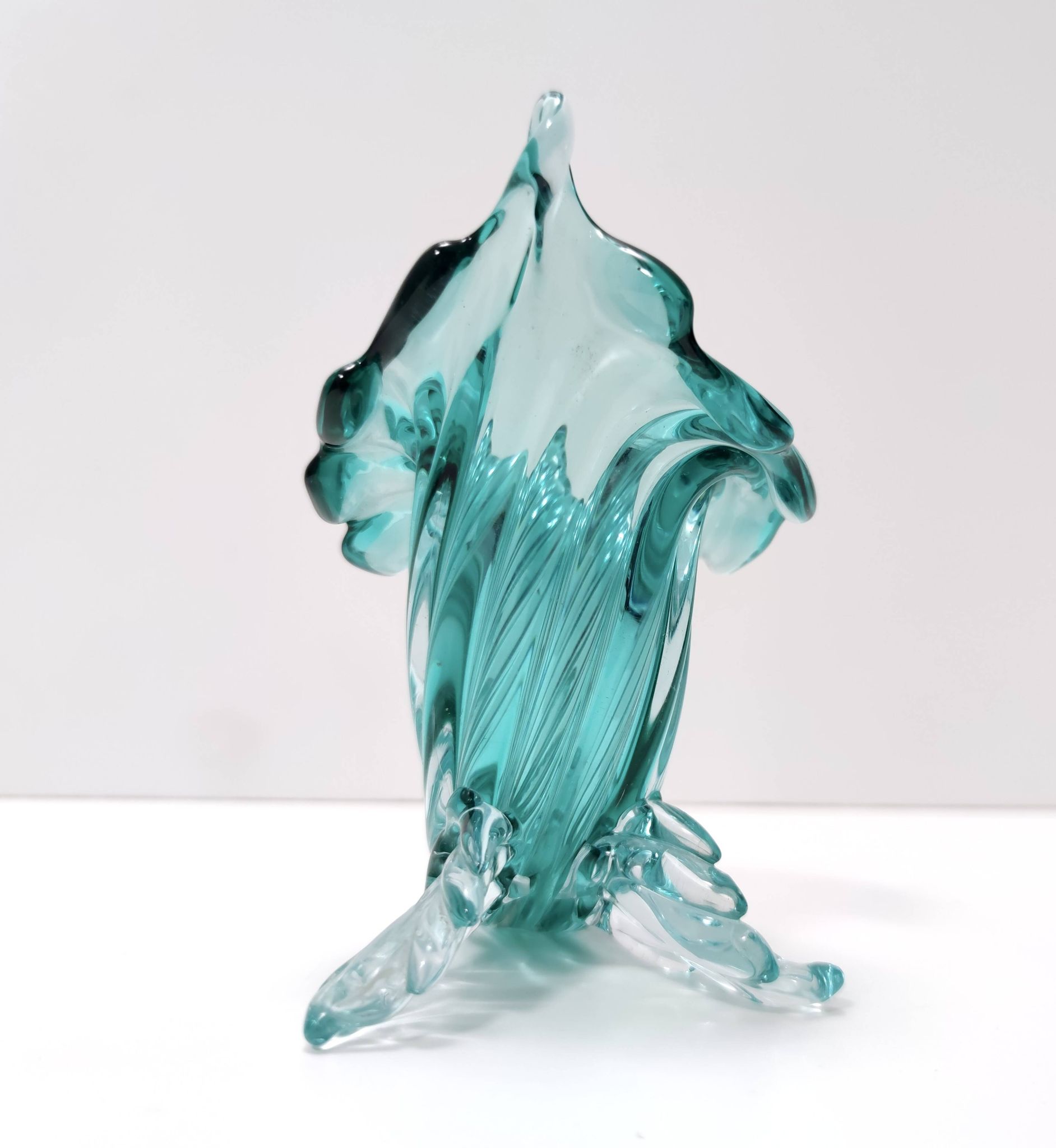 Teal Murano Glass Cornucopia Vase by Archimede Seguso, Italy