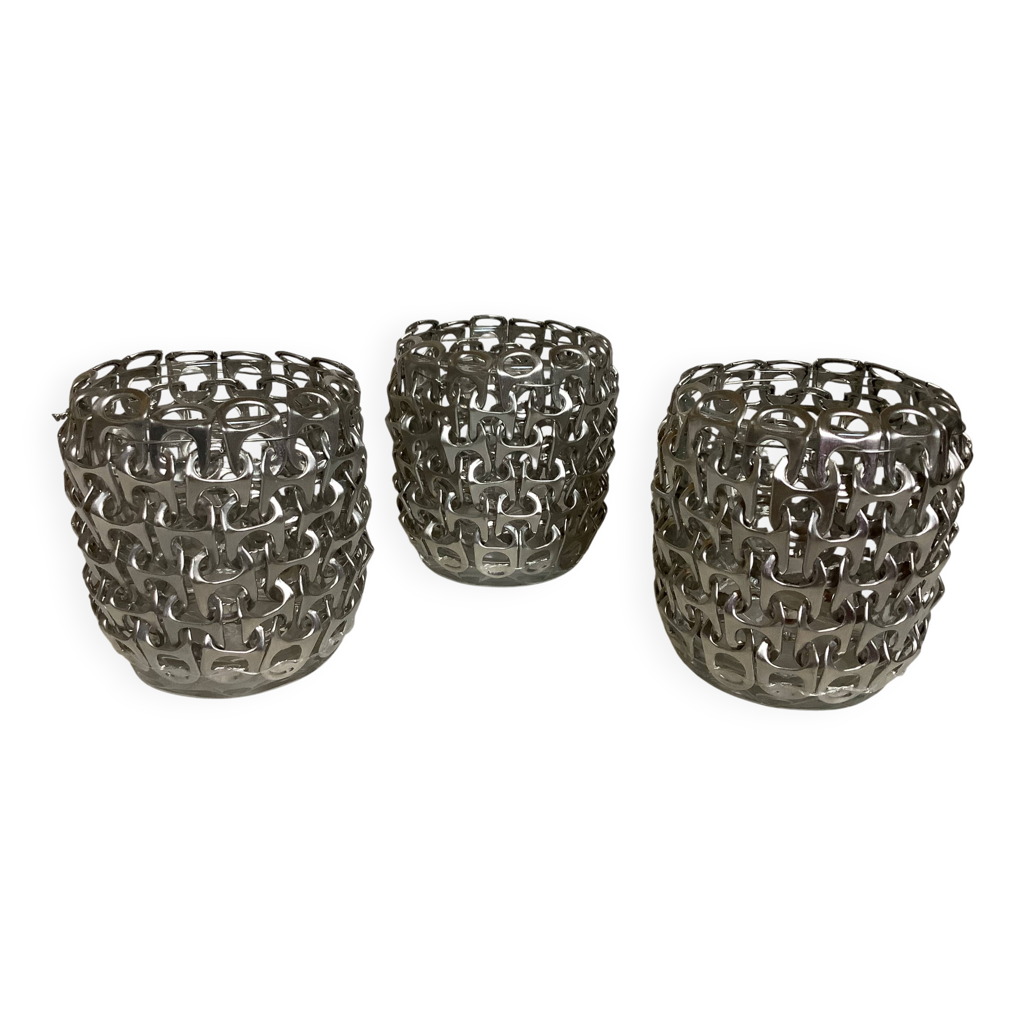 Trio of candle holders in metal strips folk art