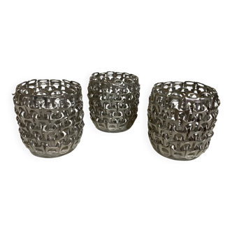 Trio of candle holders in metal strips folk art