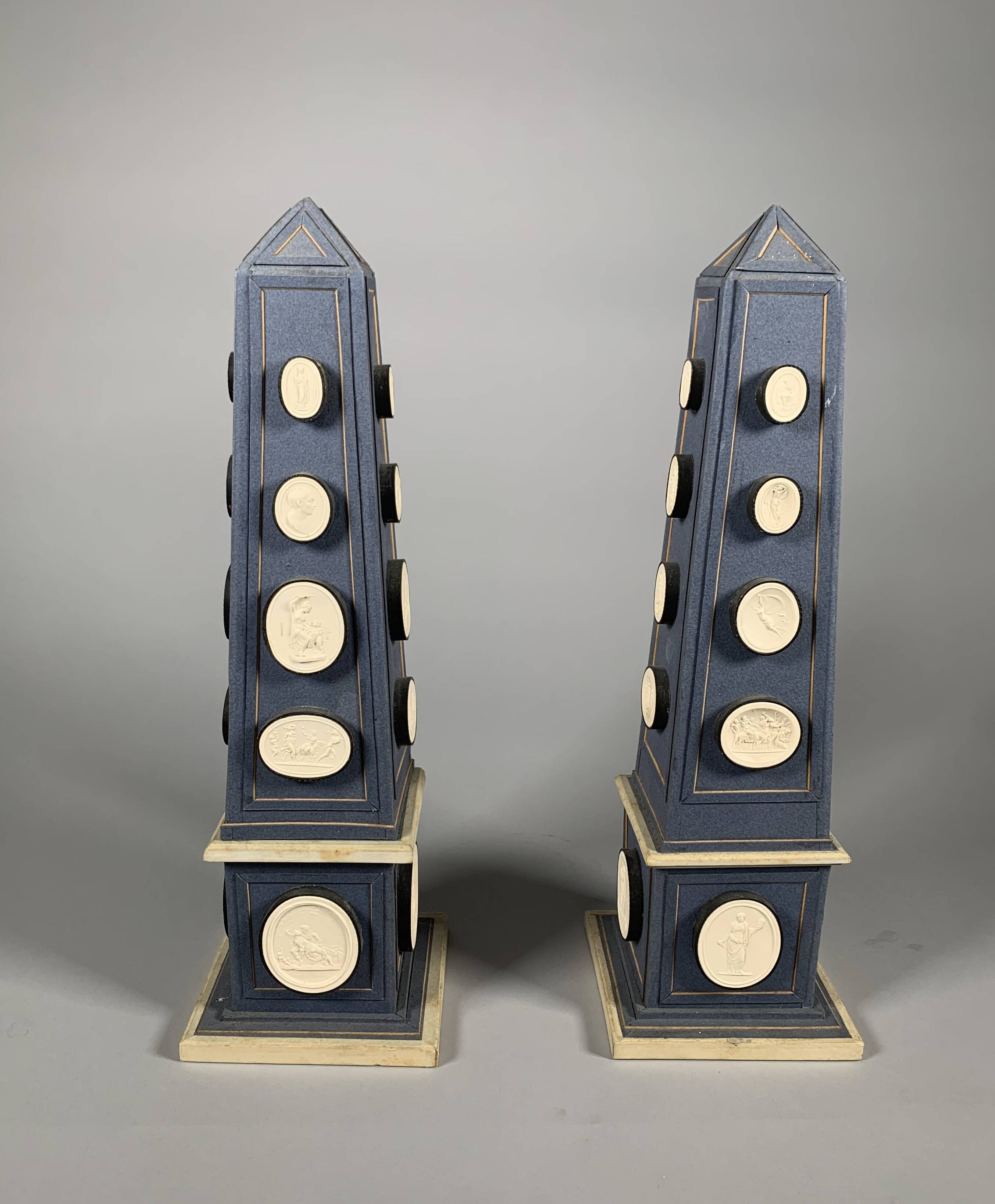 Pair of Ornate Obelisks with Cameos in Plaster in the Antique Style, Late 18th Century