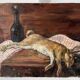 Oil painting on canvas of a still life with a hare circa 1950