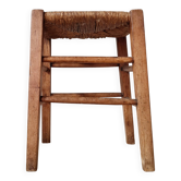 Tabouret de ferme ancien en bois et paille