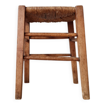 Tabouret de ferme ancien en bois et paille