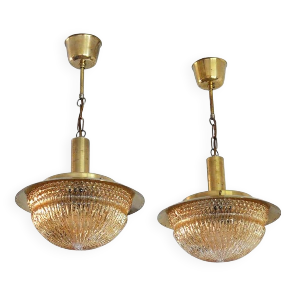 Lustres danois du milieu du siècle en verre et en laiton par Vitrika ...