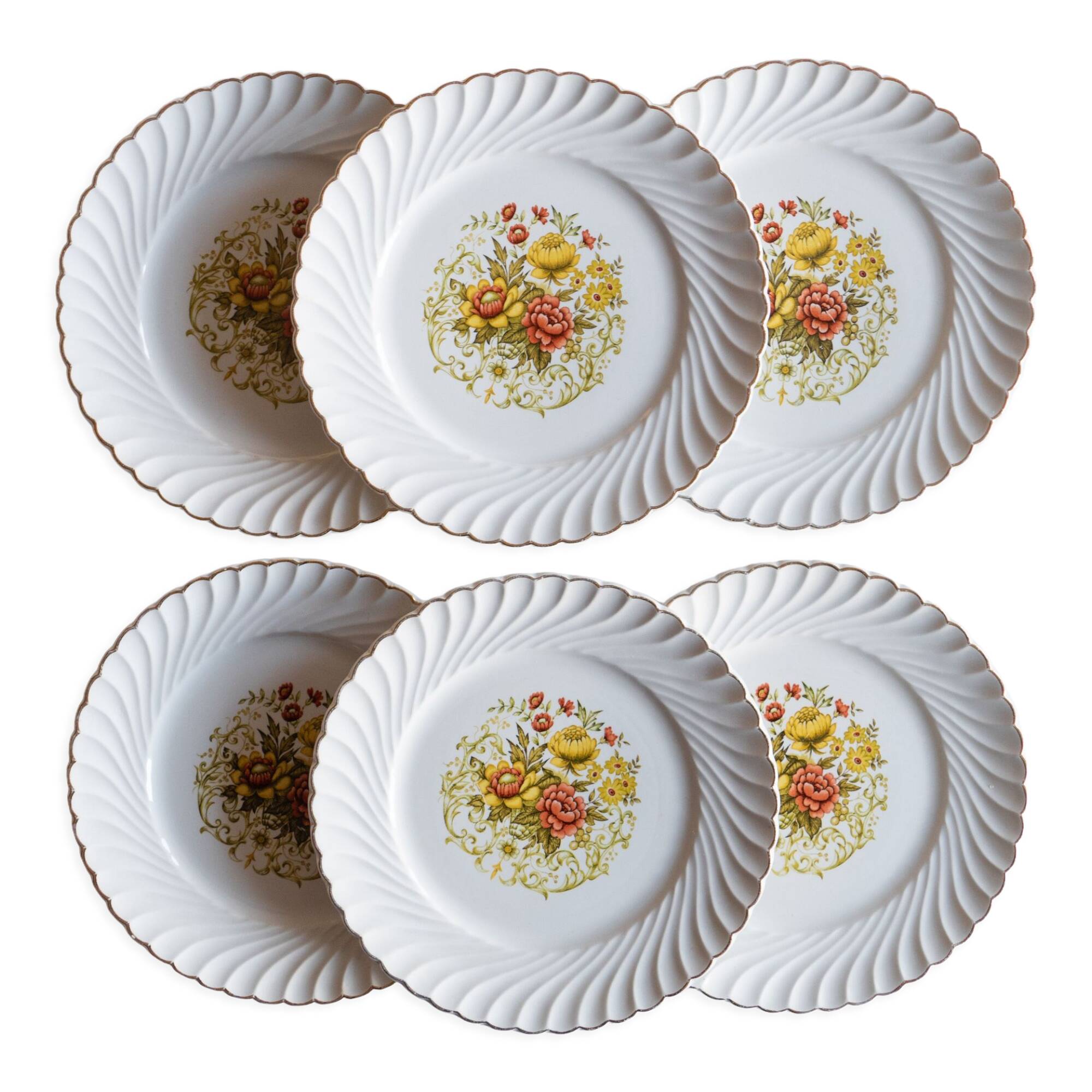 6 flat plates old floral edges fluted edges