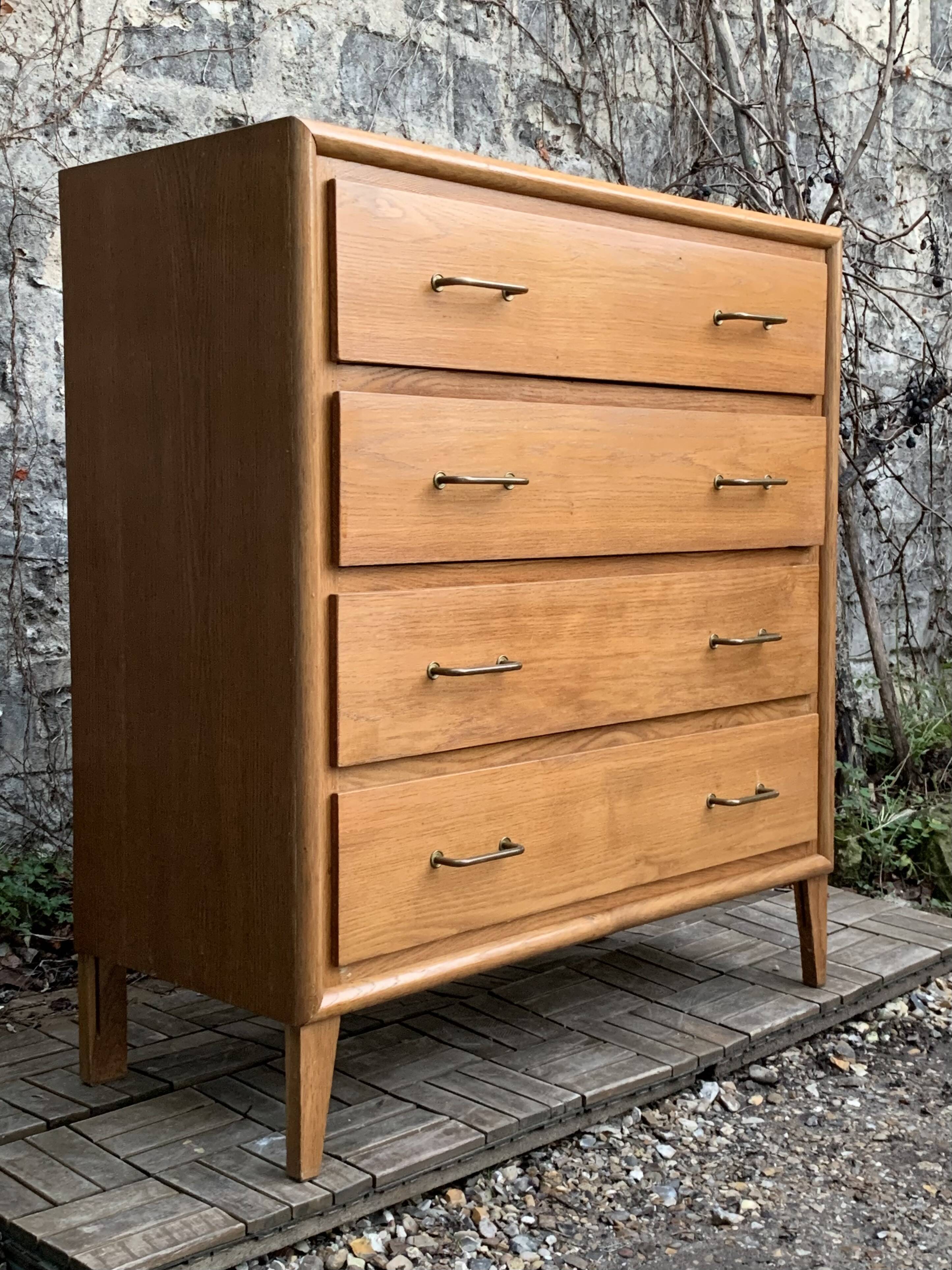 Vintage chest of drawers with compass feet, oak, original patina, 1950s