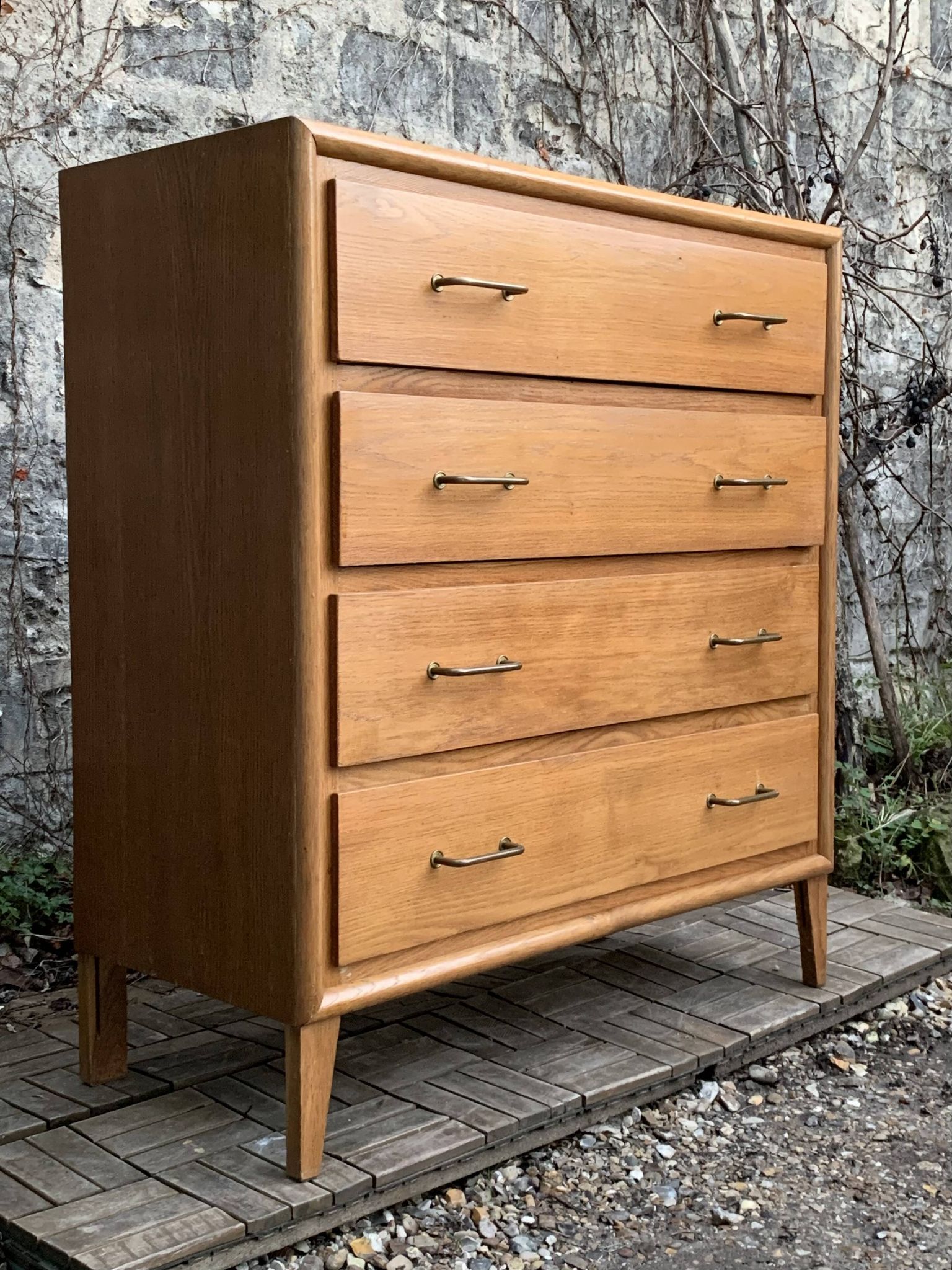 Vintage chest of drawers with compass feet, oak, original patina, 1950s