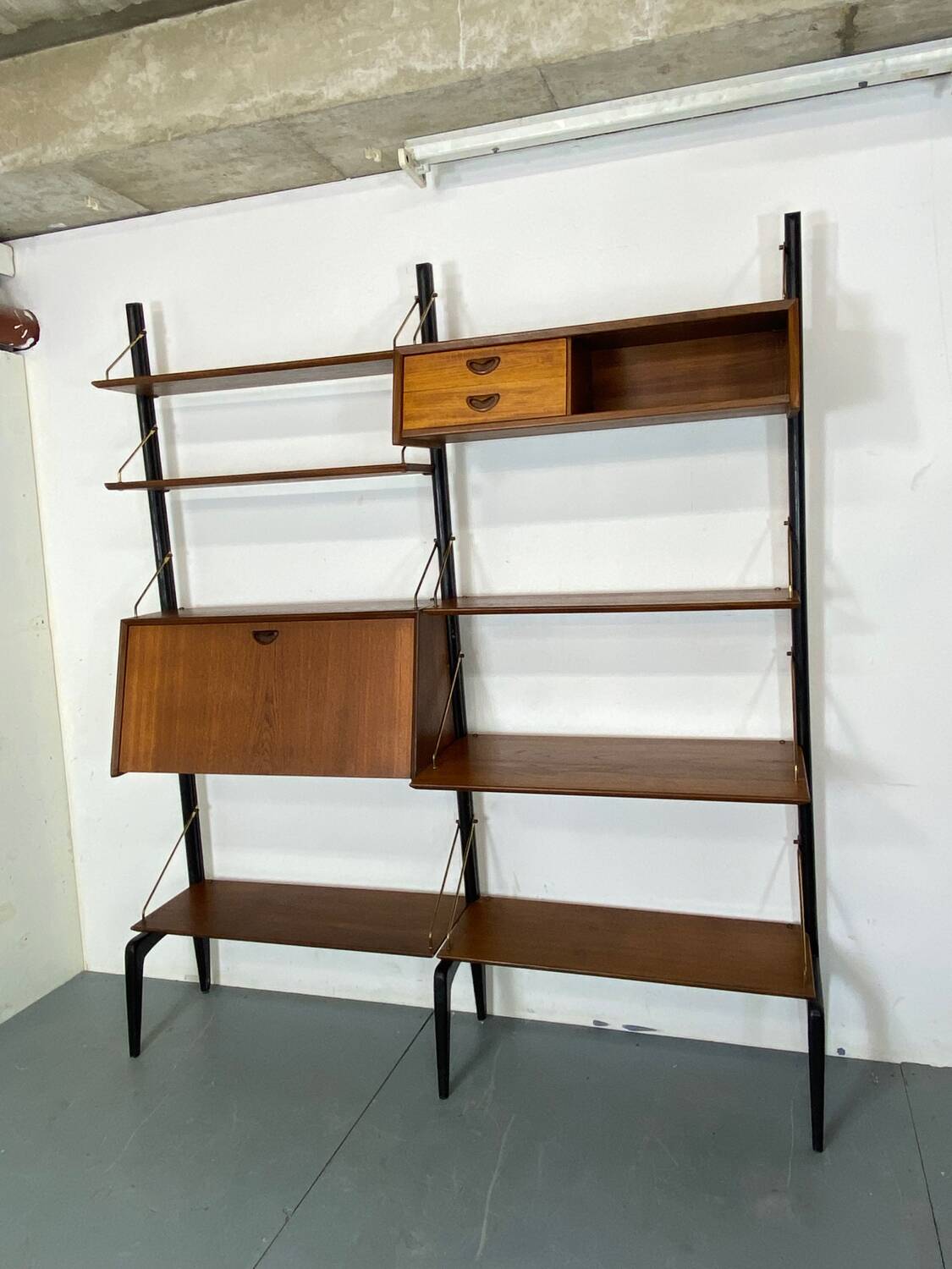 Mid-Century Danish Style Teak and Brass Wall System Unit by Louis Van Teeffelen for Wébé, 1950s