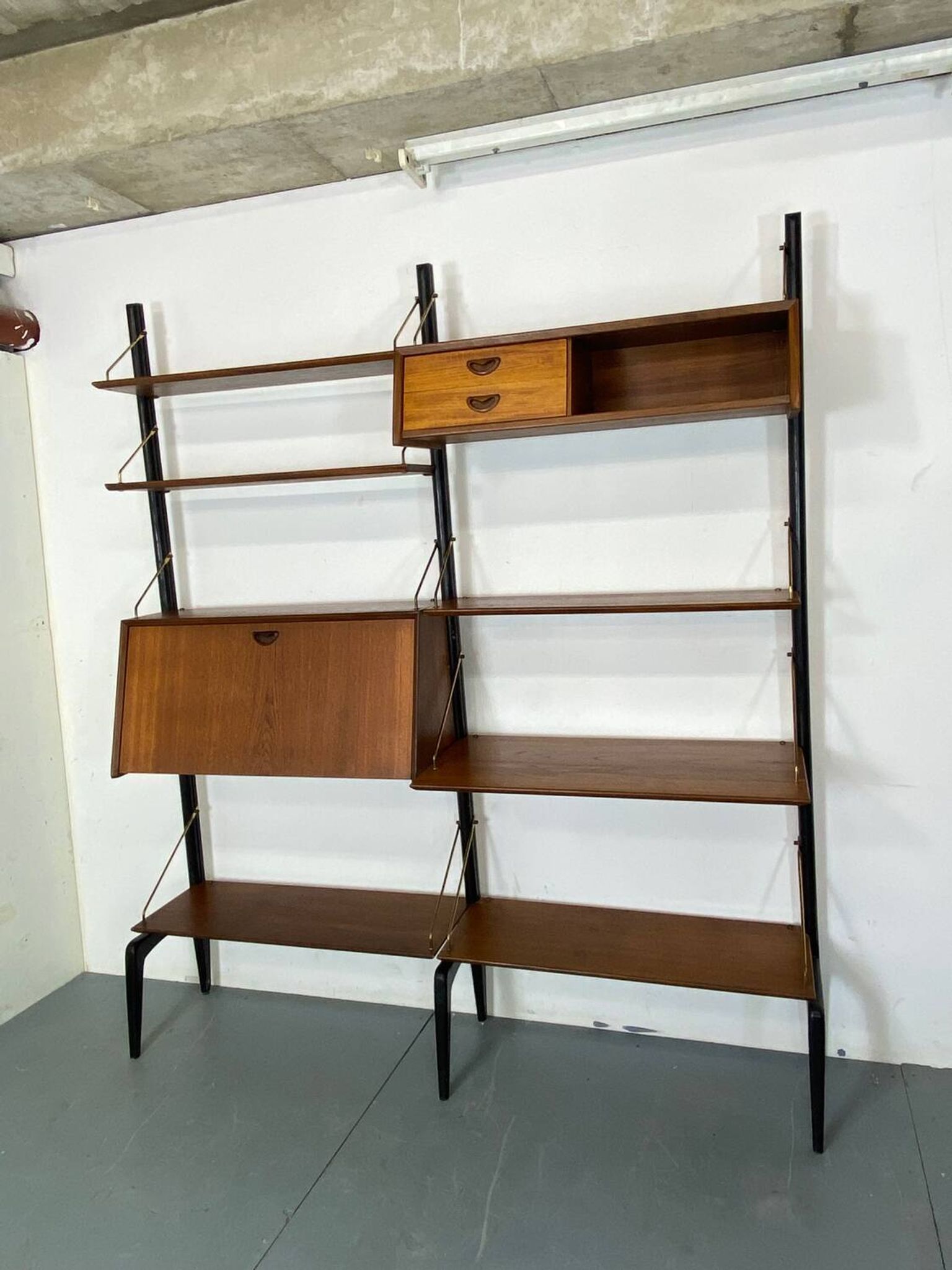 Mid-Century Danish Style Teak and Brass Wall System Unit by Louis Van Teeffelen for Wébé, 1950s