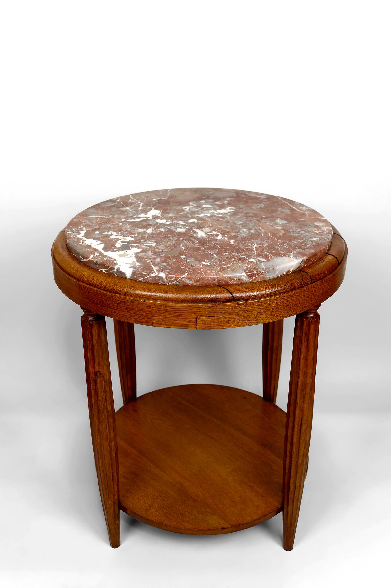 Pedestal Table, Side Table in Solid Oak & Griotte Marble Top