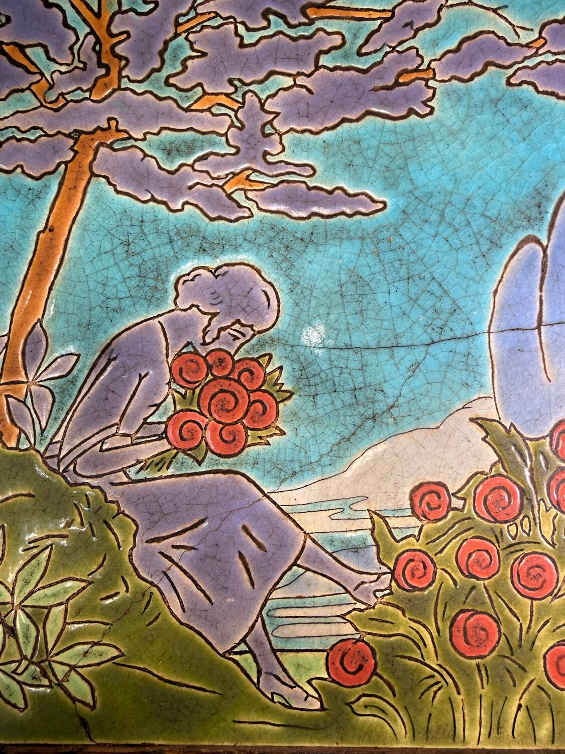 Antique trivet Enamels of Longwy woman landscape decoration