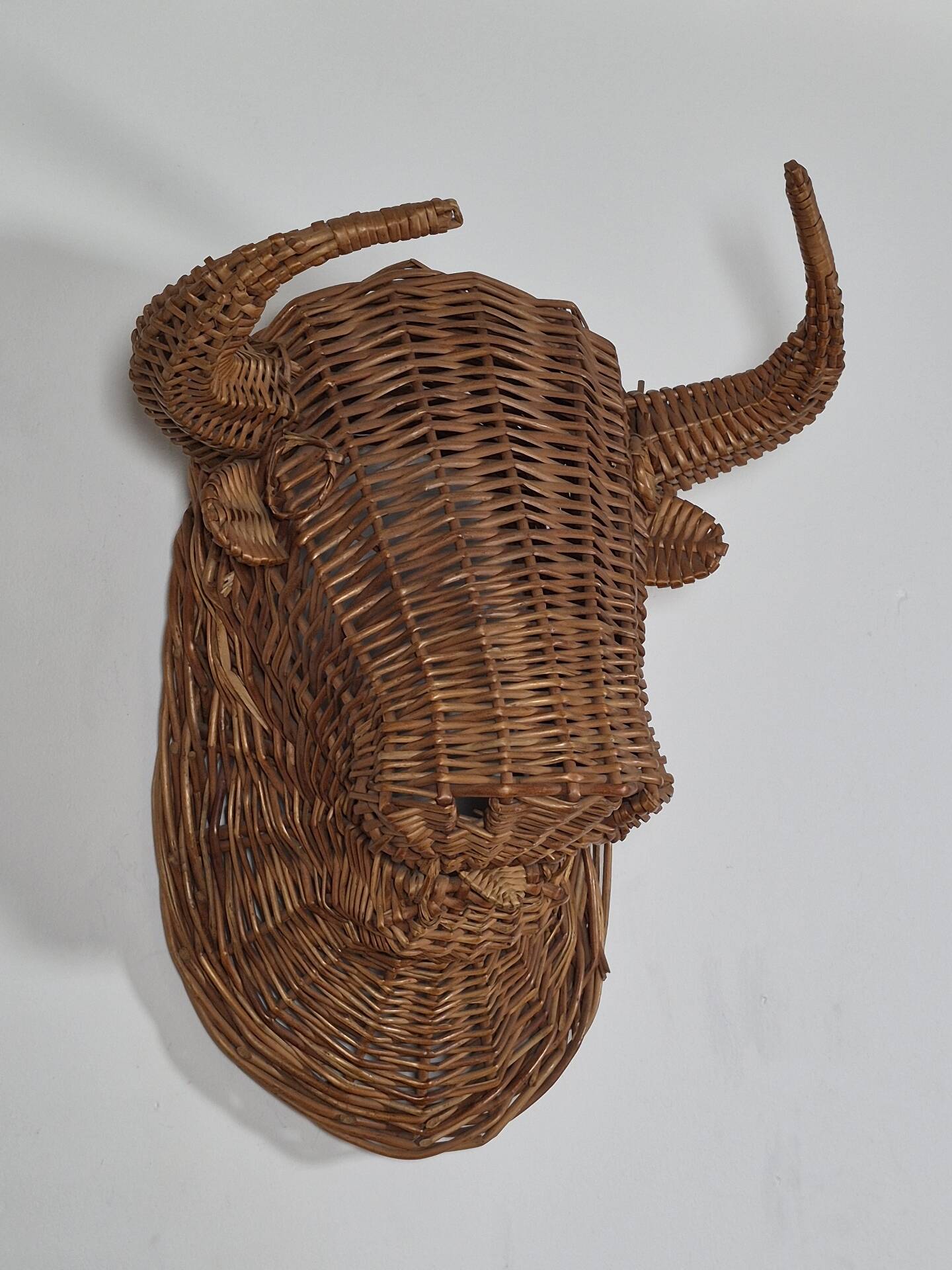Vintage mid century wicker bull head sculpture