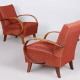 Pair of red czech artdeco beech armchairs by jindrich halabala, up zavody, 1930s