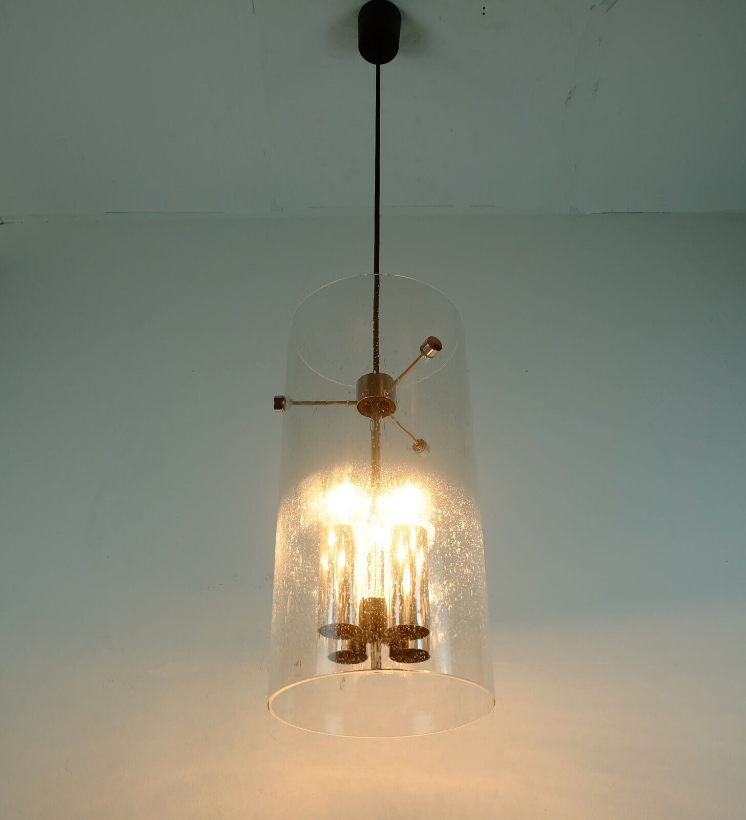Glashuette Limburg pendant light in bubble glass and chrome lampshade 1970s